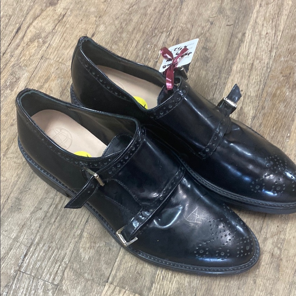 Massimo Dutti Black Double Buckle Brogue Loafers